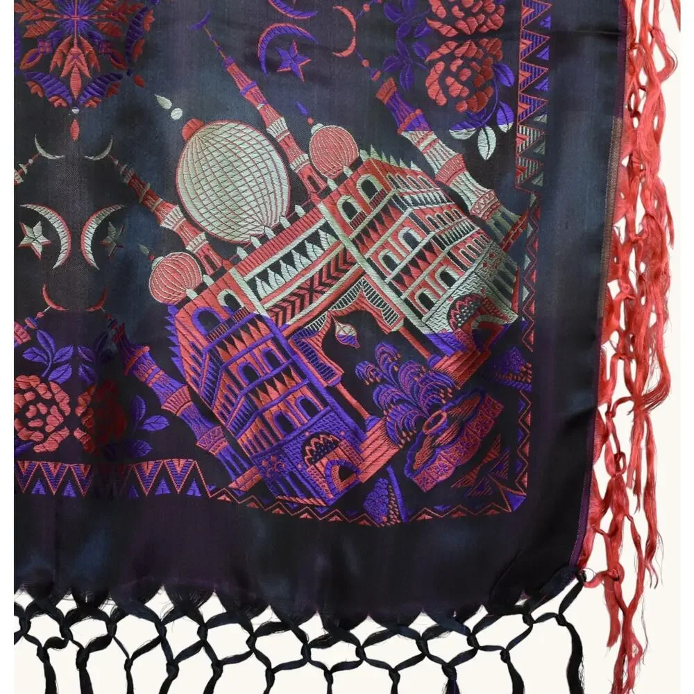 Vintage 40s Black and Purple Silk Taj Mahal Piano Shawl, WW2 Scarf, Fringed